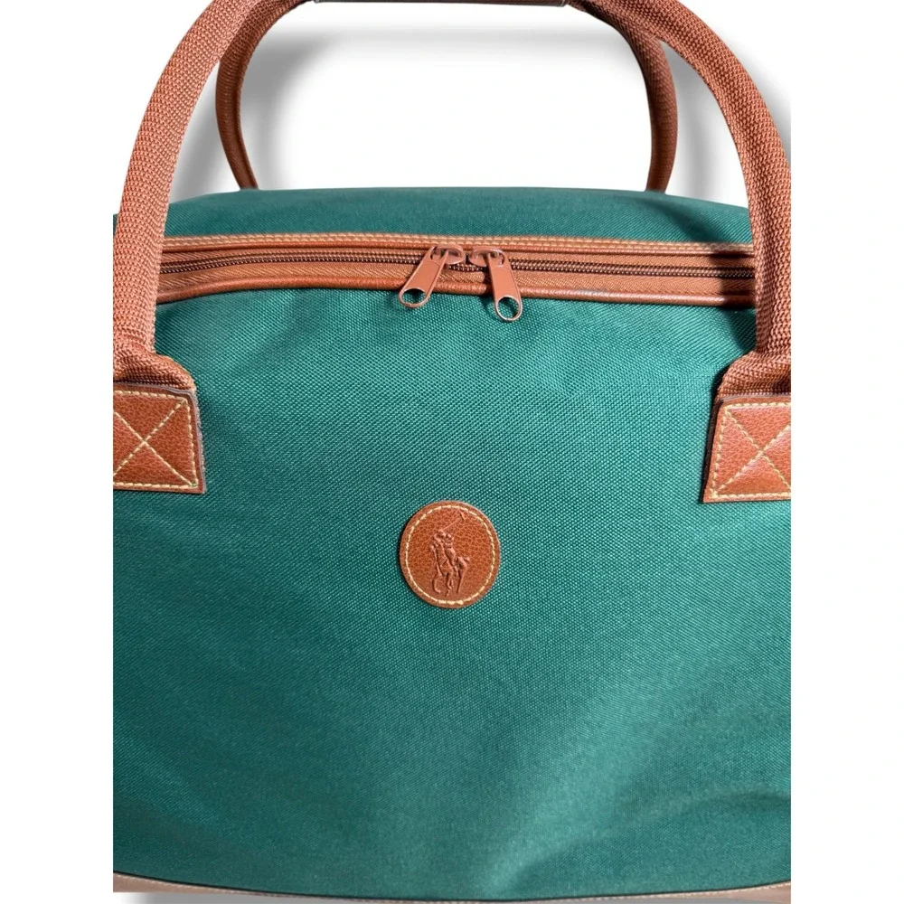 Polo Ralph Lauren Vintage Green Canvas Duffle Bag Brown Trim Travel Weekender